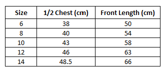 Size chart for Kids Navy Event Tee ***PRE-ORDER***
