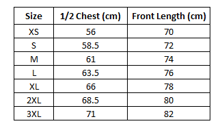 Size chart for Adults Unisex Navy Event Spray Jacket ***PRE-ORDER***