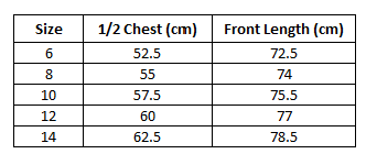 Size chart for Kids Grey Event Hoodie ***PRE-ORDER***